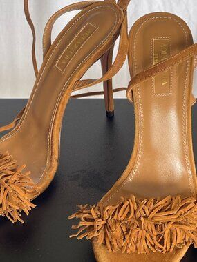 Aquazzura Wild Thing Fringe Suede Tassel High Heel Sandals in brown